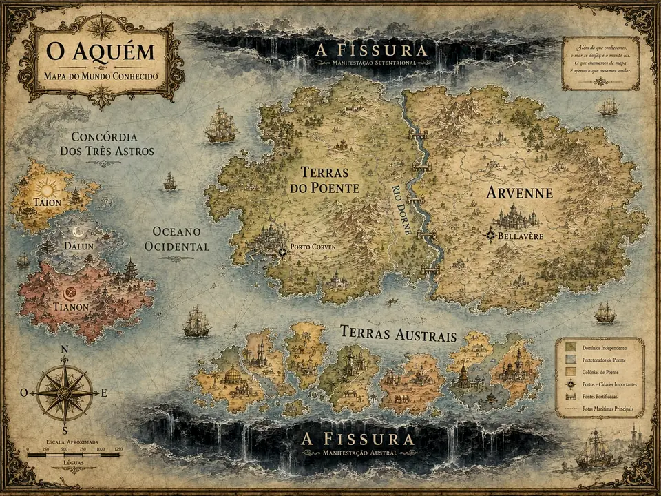 Carta do Aquém: as Terras do Poente e Arvenne separadas pelo Rio Dorne, o Oceano Ocidental com as ilhas da Concórdia dos Três Astros a oeste, as Terras Austrais ao sul e A Fissura fechando o mapa ao norte e ao sul.